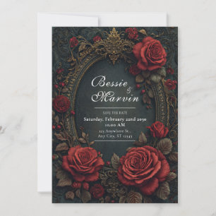 Convite Elegante Rosa Burgundy Dark Gótico Oval Casamento