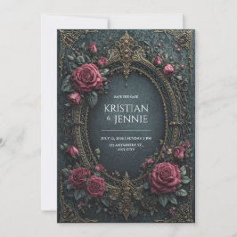 Convite Elegante Rosa Burgundy Dark Gótico Oval Casamento