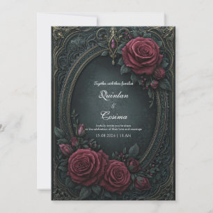 Convite Elegante Rosa Burgundy Dark Gótico Oval Casamento