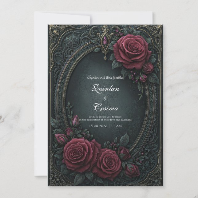 Convite Elegante Rosa Burgundy Dark Gótico Oval Casamento (Frente)
