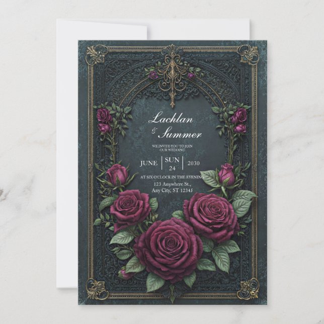 Convite Elegante Rosa Burgundy Gótica Escura Arqueada Casa (Frente)