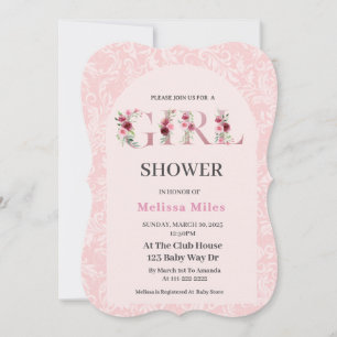 Convite Elegante Rosa com letras florais Douradas Chá de f