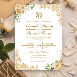 Convite Elegante Rosa Creme Dourado Renda Casamento Nikah