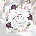 Convite Elegante Rosa de Aquarela Floral aniversário de 40<br><div class="desc">Um convite de festas de aniversário de 40 anos, suave e luxuoso, em que o ponto focal é uma coroa de delicados rosas de aquarela pintados em pintas de pincel suaves e roxas ricas de ameixa entrelaçadas com pintas de verde sábia. Esses elementos florais enquadram seu texto com um toque...</div>