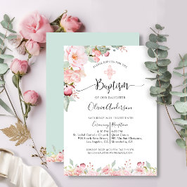 Convite Elegante Rosa de batismo Dourado, Mint Floral Conv