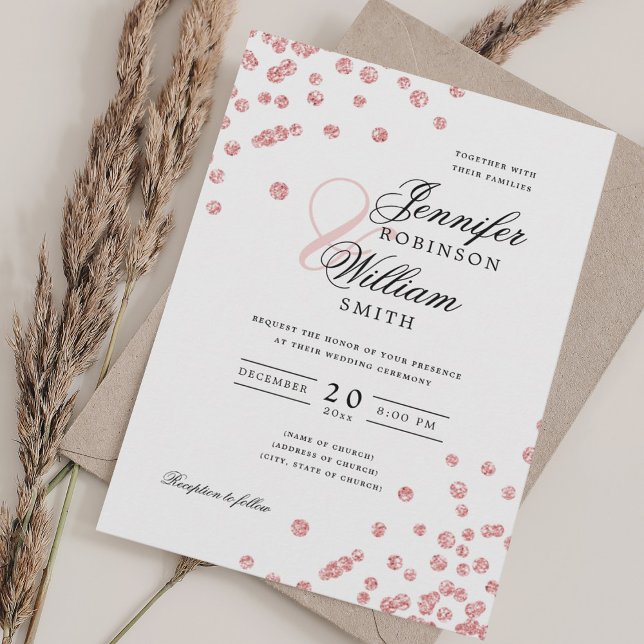 Convite Elegante Rosa de Casamento de Escrito Dourado Conf (Elegant Script Wedding Rose Gold Glitter Confetti Invitation)