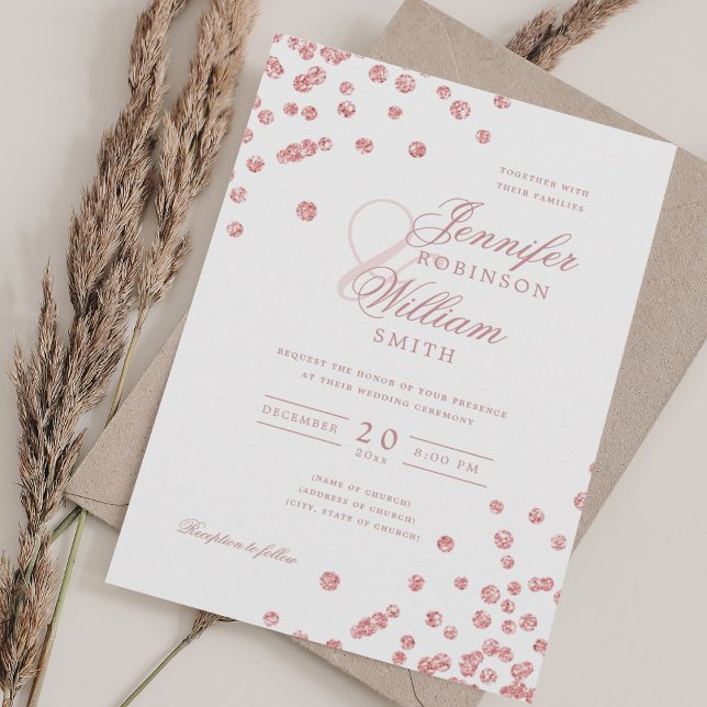 Convite Elegante Rosa de Casamento de Script Dourado Confe (Elegant Script Wedding Rose Gold Confetti QR RSVP Invitation)