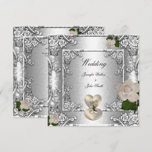 Convite Elegante Rosa de Casamento Prata Branco (Frente/Verso)