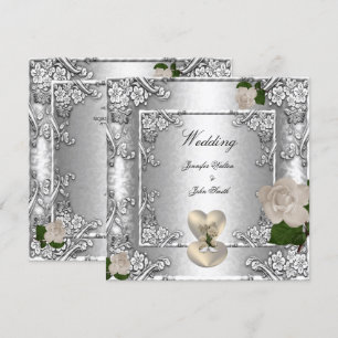 Convite Elegante Rosa de Casamento Prata Branco