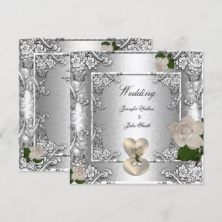 Convite Elegante Rosa de Casamento Prata Branco