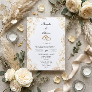 Convite Elegante Rosa de Marfim Espanhola Casamento bege n