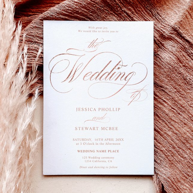 Convite elegante rosa de ouro, tudo em um casamento de cal (Rose gold elegant all in one calligraphy wedding invitation)