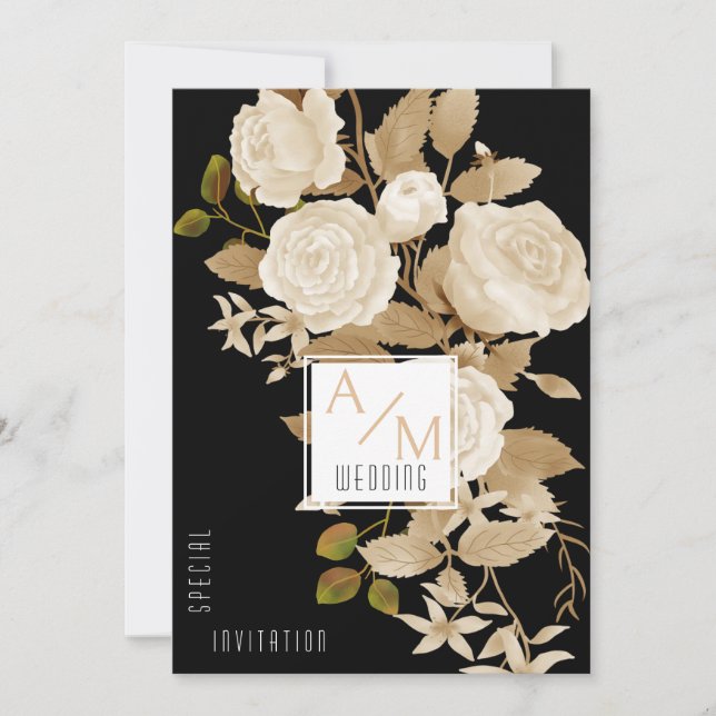 Convite Elegante Rosa de Quic Monograma de Noiva Negra (Frente)