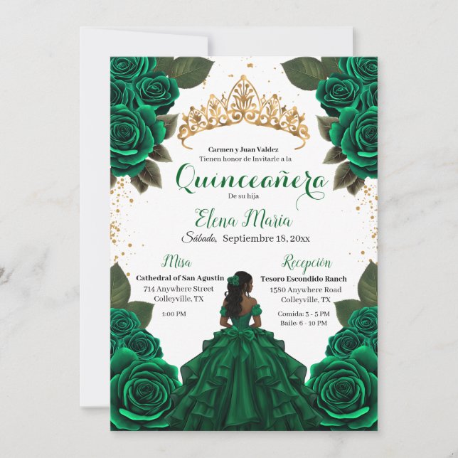 Convite Elegante Rosa de Quinceañera Verde, Literária Dour (Frente)