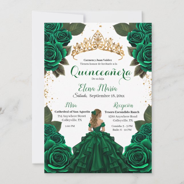 Convite Elegante Rosa de Quinceañera Verde, Literária Dour (Frente)