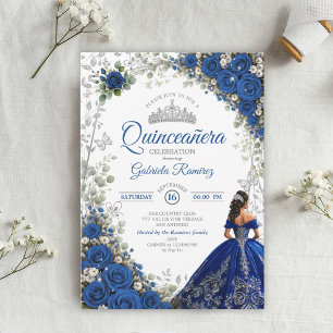 Convite Elegante Rosa de Quinze Anos em Azul Real e Prata