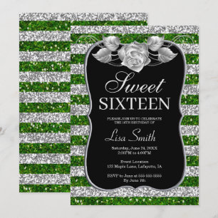 Convite Elegante Rosa de Silver Verde-Chic Sweet 16