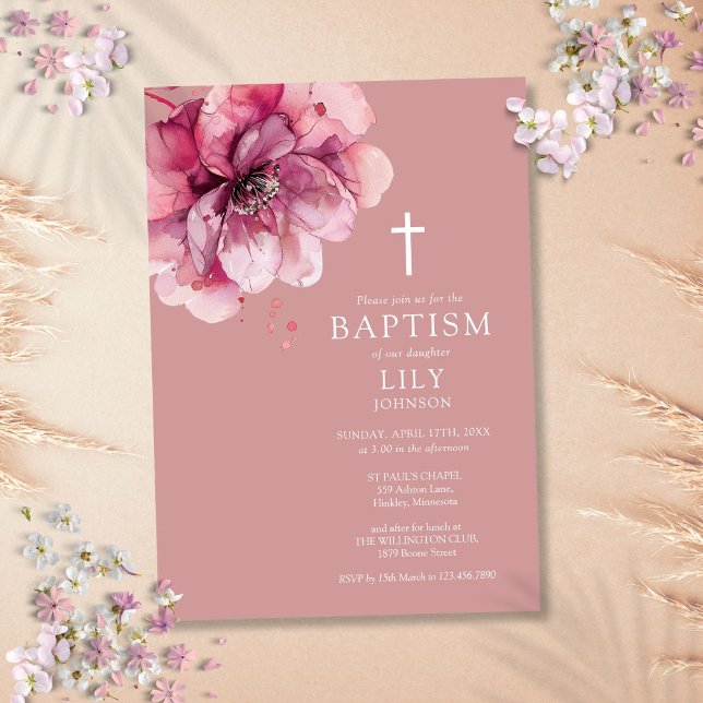 Convite Elegante Rosa Desbotado Floral Água-forte Batismo (Dusty Rose Elegant Watercolor Floral Baptism Invitation)