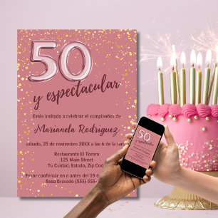 Convite Elegante Rosa Dourada Estilosa Aniversário de 50 a
