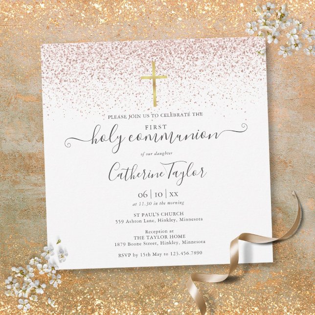 Convite Elegante Rosa Dourada Glitter Primeira Comunhão Sa (Elegant Rose Gold Glitter First Holy Communion Invitation)