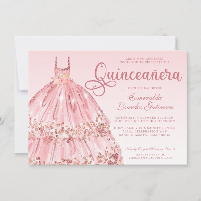 Convite Elegante Rosa Dourada Glitter Quinceañera (Frente)