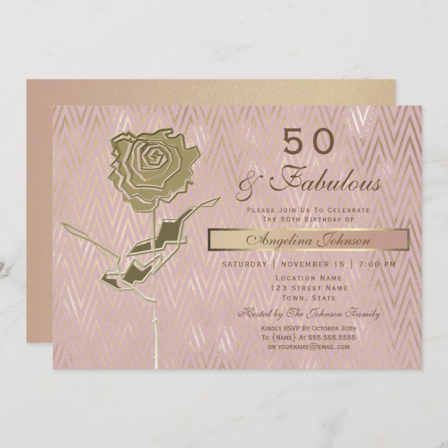 Convite Elegante Rosa Dourado 50º aniversário (Frente/Verso)