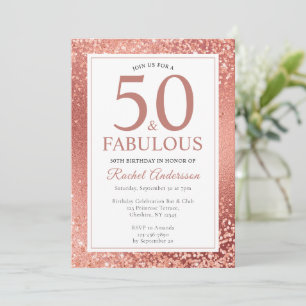 Convite Elegante Rosa Dourado 50 e Fabuloso 50º aniversári