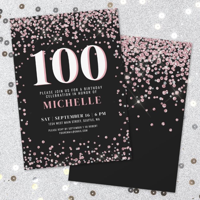 Convite Elegante Rosa Dourado Aniversário de 100 Anos (Elegant Rose Gold 100th Birthday Invitation )