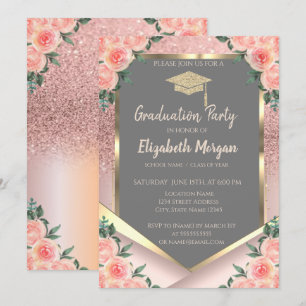 Convite Elegante Rosa Dourado Brilho Floral Graduação