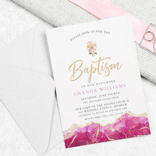 Convite Elegante rosa Dourado com cruz   Batismo