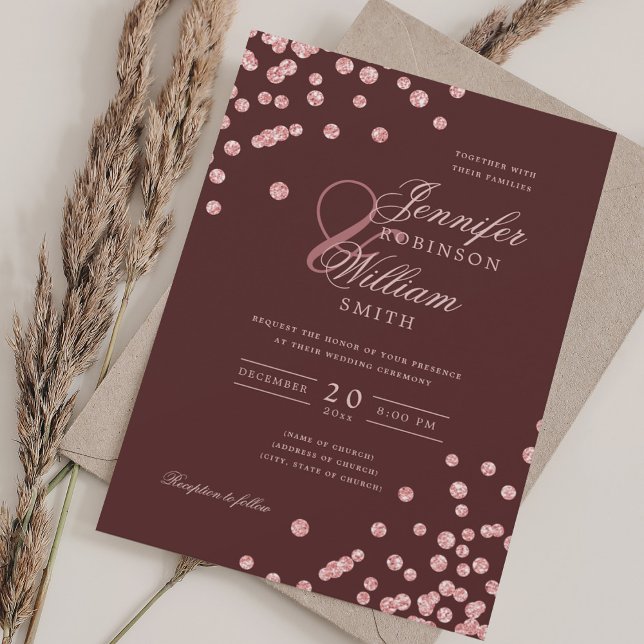 Convite Elegante Rosa Dourado Confetti QR Casamento Borgon (Elegant Rose Gold Confetti QR Wedding Burgundy Red Invitation)