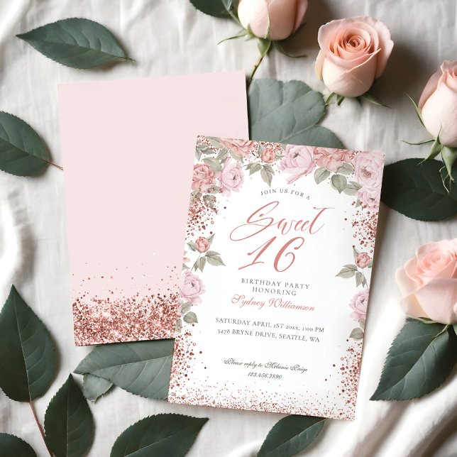 Convite Elegante Rosa Dourado de relva-relva Florals Sweet (Elegant Rose Gold Glitter Peony Florals Sweet 16 Invitation)