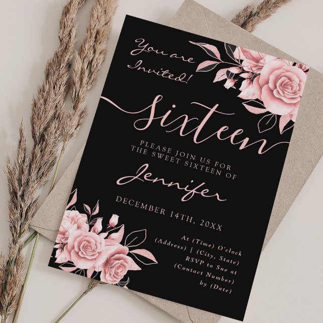 Convite Elegante Rosa Dourado Doce 16 Glitter Preto Floral (Elegant Rose Gold Sweet 16 Glitter Floral Black Invitation)