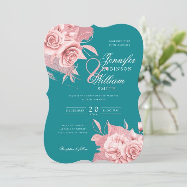 Convite Elegante Rosa Dourado Floral & Foil Teal (Em pé/Frente)