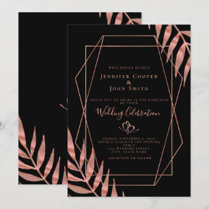 Convite Elegante Rosa Dourado Folhas Casamento Preto