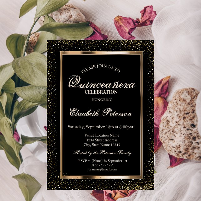 Convite Elegante Rosa Dourado Frame Confetti Quinceañera (Criador carregado)