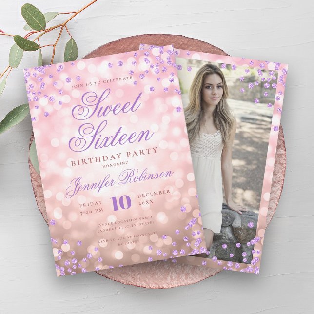 Convite Elegante Rosa Dourado Luzes Roxo Foto Sweet 16 (Elegant Rose Gold Lights Purple Photo Sweet 16 Invitation)