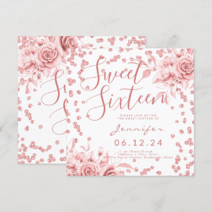 Convite Elegante Rosa Dourado Sweet 16 Glitter Confetti Fl