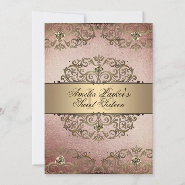Convite Elegante Rosa Dourado Vintage Damask Sweet Sixteen (Frente)