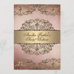 Convite Elegante Rosa Dourado Vintage Damask Sweet Sixteen