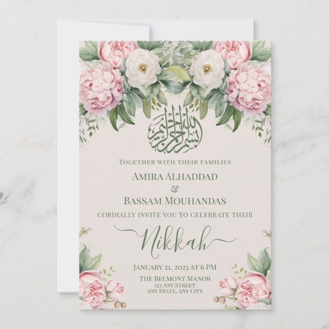 Convite Elegante, rosa e branco, muçulmano floril Nikkah (Frente)