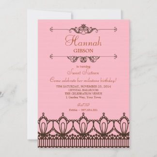 Convite Elegante Rosa e Castanho Lace Sweet 16