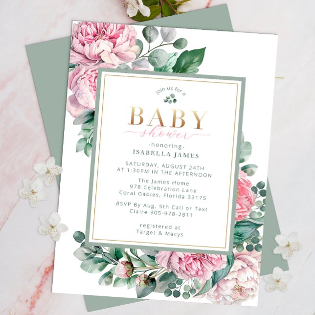 Convite Elegante, rosa e Dourada, Chá de fraldas Invi (Floral Pink Baby Shower & Greenery Invite )
