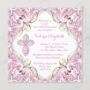 Convite Elegante rosa e Dourada Cruz Primeira Comunhão