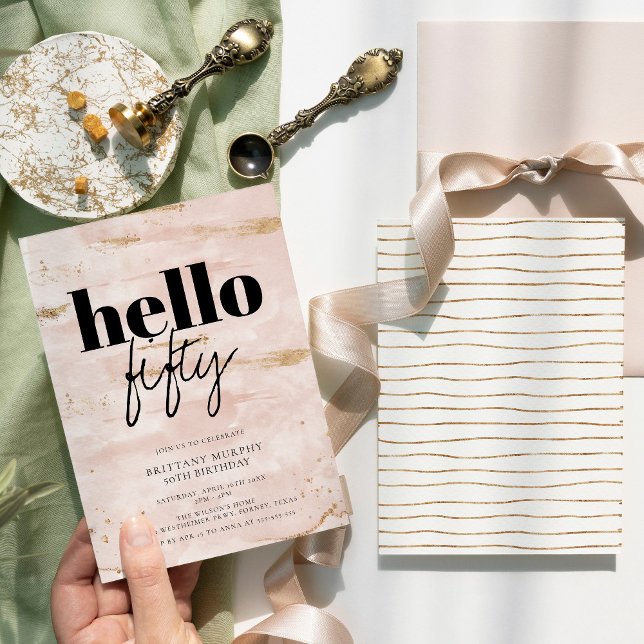 Convite Elegante rosa e Dourado Simples 50º Aniversário (Criador carregado)