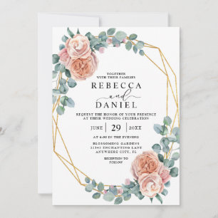 Convite Elegante Rosa Empoeirada e Floral Dourado para Cas