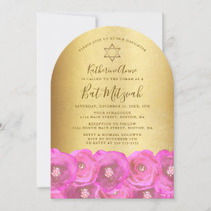 Convite Elegante Rosa Flor de Ouro Bat Mitzvah