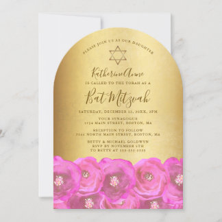 Convite Elegante Rosa Flor de Ouro Bat Mitzvah