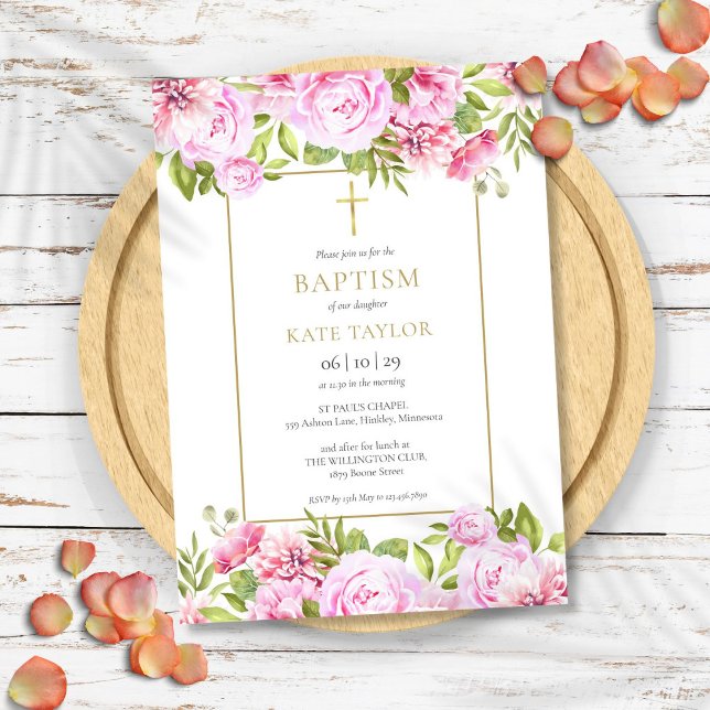 Convite Elegante Rosa Floral Baptism Christening (Elegant Roses Floral Baptism Christening Invitation)