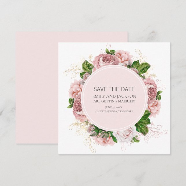 Convite Elegante Rosa Floral Branco Casamento Salvar Data (Frente/Verso)